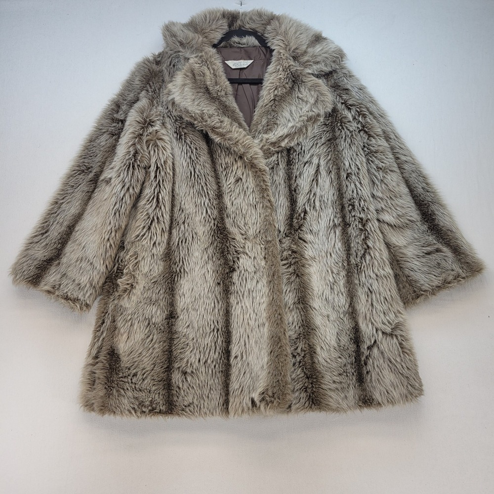 NPC Fashions Faux Fur Coat Womens M Brown Vintage Mid Length Striped Shag